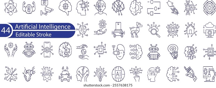 Artificial intelligence icon set. Containing machine learning, data science, AI, virtual assistant, generative AI, technology, Turing test and more