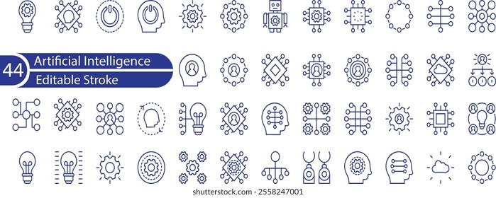 Artificial intelligence icon set. Containing machine learning, data science, AI, virtual assistant, generative AI, technology, Turing test and more