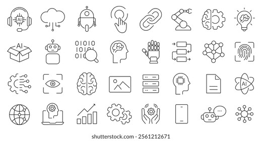  artificial intelligence icon set. containing  Technology, ai, digital, brain, chip , and more. editable stroke thin outline icon collection.