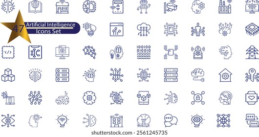 Artificial intelligence icon set. Containing machine learning, data science, AI, virtual assistant,