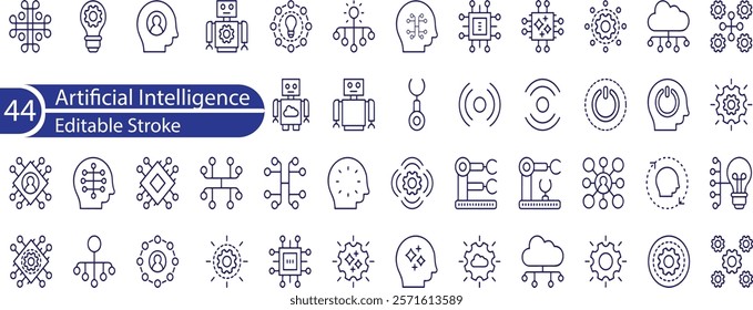 Artificial intelligence icon set. Containing machine learning, data science, AI, virtual assistant, generative AI, technology, Turing test and more