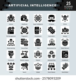 Artificial Intelligence icon set containing Science, Healthcare, Super Intelligence, Vr Glasses, Drone, File Management, Fingerprint, Automation, Robotic Surgery, Hand Robot icon. Simple glyph vector