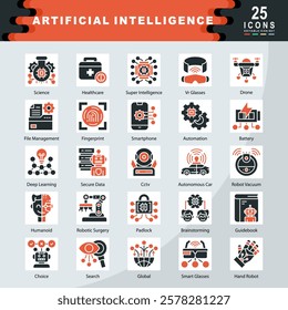 Artificial Intelligence icon set containing Science, Healthcare, Super Intelligence, Drone, File Management, Fingerprint, Automation, Robotic Surgery, Hand Robot icon. Simple vector illustration