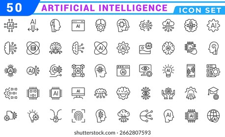 Artificial intelligence icon set. Containing machine learning, data science, AI, virtual assistant, generative AI, technology, Turing test and more. Solid vector icons collection.