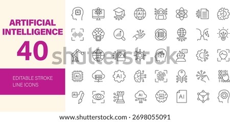 Artificial intelligence icon set. Containing robot, generative ai, virtual assistant, machine learning, smart robotic, cloud computing and more. Editable line icons. Vector illustration.