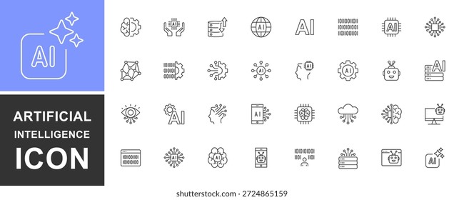 Conjunto de iconos de inteligencia artificial. Contiene íconos como decisión, IA, inteligencia artificial, lluvia de ideas, aprendizaje automático, asistente, conexión, bot. Conjunto de líneas finas de tecnología de IA. Vector
