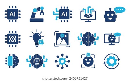 Conjunto de iconos de inteligencia artificial. ciencia de datos, IA, asistente virtual, IA generativa, tecnología. Iconos sólidos en estilo de moda 