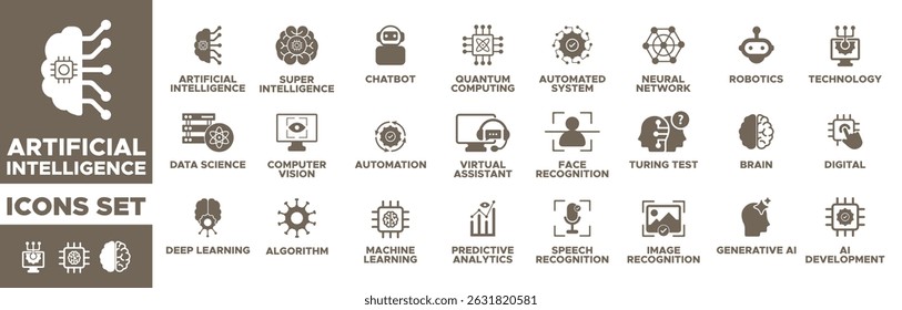 Artificial intelligence icon set. deep learning, machine learning, neural networks, robotics, automation, chatbot, virtual assistant, quantum computing, computer vision, image recognition. 