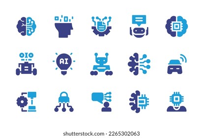 Artificial intelligence icon set. Duotone color. Vector illustration. Containing brainstorming, artificial intelligence, machine learning, assistant, brain, robot, idea, car, recommendation, ai, nlp.