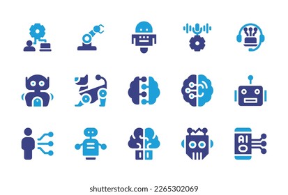 Artificial intelligence icon set. Duotone color. Vector illustration. Containing natural language processing, robot arm, robot, voice recognition, virtual assistant, neural network, brain, user.