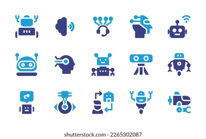 Artificial intelligence icon set. Duotone color. Vector illustration. Containing robot, chip, network, cyborg, wireless connectivity, ai, automation, vr camera, auto reply, collaboration, robotics.