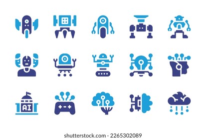 Artificial intelligence icon set. Duotone color. Vector illustration. Containing robot, cyborg, nanobot, light bulb, robotic, government, game controller, machine learning, ai.