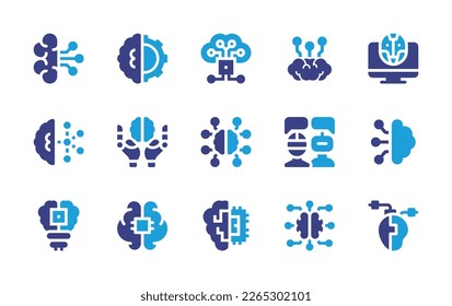 Conjunto de iconos de inteligencia artificial. Color de duotona. Ilustración vectorial. Con inteligencia artificial, corazón artificial.