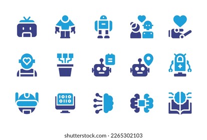 Artificial intelligence icon set. Duotone color. Vector illustration. Containing robot, growth, notes, location, binary code, brain, machine learning.