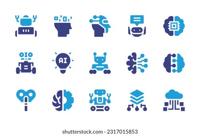 Artificial intelligence icon set. Duotone color. Vector illustration. Containing robot, artificial intelligence, cyborg, assistant, brain, idea, neural network, automaton, gear, layers, cloud.