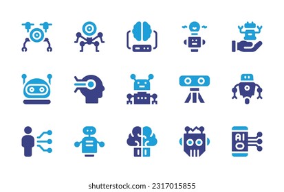 Conjunto de iconos de inteligencia artificial. Color de duotona. Ilustración vectorial. Conteniendo drones, robots, cerebro, aprendizaje automático, nanobot, ai, automatización, vr cámara, usuario, chatbot.