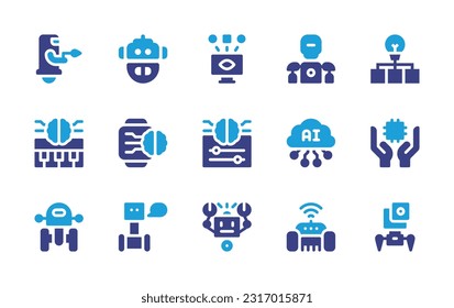 Artificial intelligence icon set. Duotone color. Vector illustration. Containing robot, head, computer, data, keyboard, smartwatch, control, cloud, microchip, specification, lawnmower.