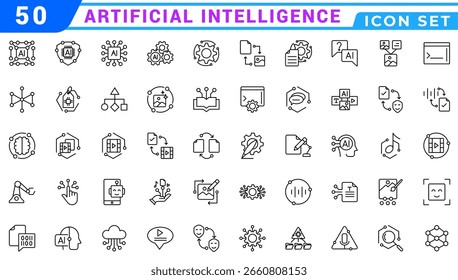 Conjunto de ícones de inteligência artificial, traço editável, ilustração vetorial de linha fina de IA, robô inteligente, aprendizagem de máquina, inovação, cérebro digital, algoritmo, ciberespaço, rede, dados, tecnologia