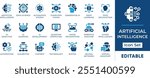Artificial Intelligence Icon Set. Features editable icons for AI technology, machine learning, deep learning, robotics, and more. Perfect for presentations, websites, and app designs.