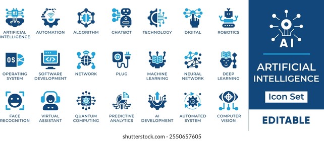 Conjunto de iconos de inteligencia artificial. Cuenta con símbolos de IA como tecnología, aprendizaje automático, aprendizaje profundo, robótica y más. Perfecto para presentaciones, Sitios web, diseños de App y más.