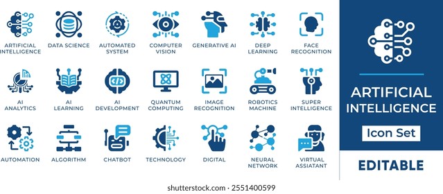 Artificial Intelligence Icon Set. Features editable icons for AI technology, machine learning, deep learning, robotics, and more. Perfect for presentations, websites, and app designs.