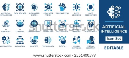 Artificial Intelligence Icon Set. Features editable icons for AI technology, machine learning, deep learning, robotics, and more. Perfect for presentations, websites, and app designs.