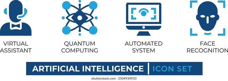 Artificial Intelligence Icon Set featuring Virtual Assistant, Quantum Computing, Automated System, and Face Recognition. Perfect for tech presentations, websites, and apps. Editable vector graphics.