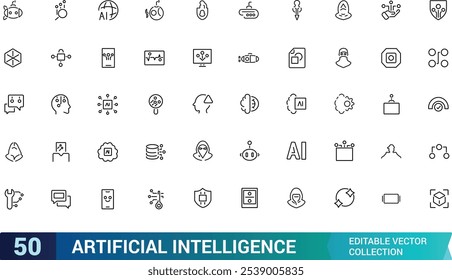 Artificial intelligence icon set. Featuring machine learning, algorithms, robots, automation, data, and more. Minimal line vector icons collection. Vector illustration.