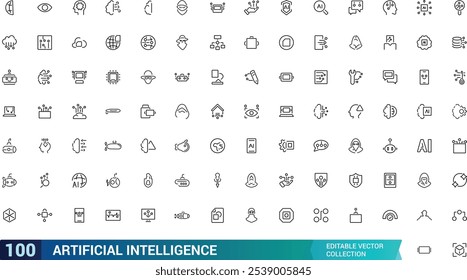 Conjunto de ícones de inteligência artificial. Apresentando aprendizagem de máquina, algoritmos, robôs, automação, dados e muito mais. Coleção mínima de ícones de vetor de linha. Ilustração vetorial.