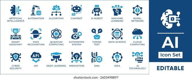 Artificial intelligence icon set featuring AI, machine learning, deep learning, neural networks, automation, robotics, big data, cloud computing, digital transformation, and futuristic technology.