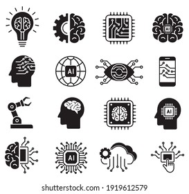 artificial intelligence icon set in flat style, machine learning, smart robotic and cloud computing network digital AI technology: internet, solving, algorithm, vector illustration