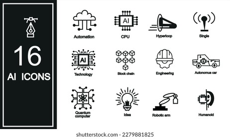 Artificial intelligence icon set in flat style, machine learning, smart robotic and blockchain, AI technology, quantum computer, hyperloop, humanoid, automation, autonomus car, vector illustration