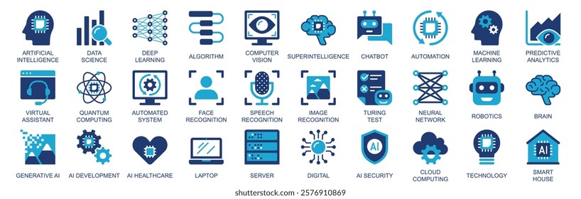 Artificial intelligence icon set in flat duotone solid icons web design. Pack pictograms with data science, deep learning, algorithm, computer, vision, automation, brain, other. Vector illustration.