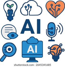 Artificial intelligence icon set in flat cartoon style