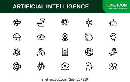 Künstliche Intelligenz Icon Set - Futuristische Vektorgrafiken mit KI-Technologie, maschinellem Lernen, neuronalen Netzwerken und Robotik