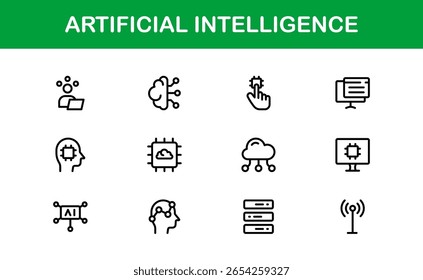 Artificial Intelligence Icon Set – Futuristic Vector Illustrations Featuring AI Technology, Machine Learning, Neural Networks and Robotics