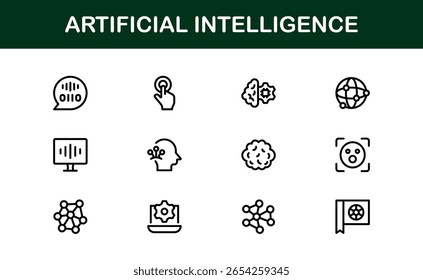 Artificial Intelligence Icon Set – Futuristic Vector Illustrations Featuring AI Technology, Machine Learning, Neural Networks and Robotics