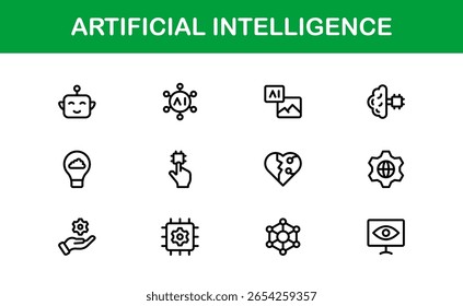 Conjunto de iconos de inteligencia artificial: Ilustraciones vectoriales futuristas con Tecnología de IA, aprendizaje automático, redes neuronales y robótica