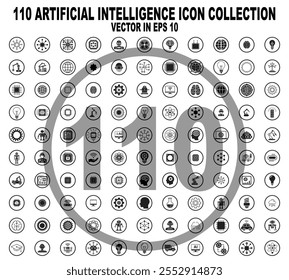 Artificial intelligence icon set. Generative AI, technology, virtual assistant , Robotics, Technical support and more. Solid icons collection. Illustration vector saved in EPS 10 and fully editable.