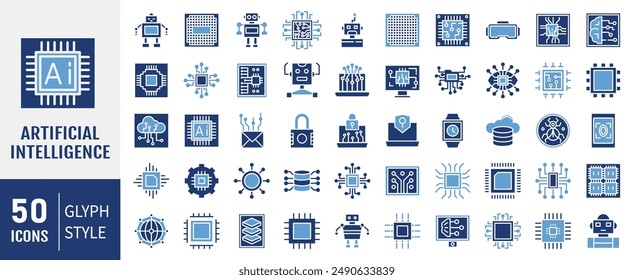 artificial intelligence icon set in glyph style, machine learning, smart robotic and cloud computing network digital AI technology: internet, solving, algorithm, vector illustration