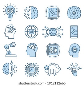 Artificial Intelligence Icon Set In Line Style, Machine Learning, Smart Robotic And Cloud Computing Network Digital AI Technology: Internet, Solving, Algorithm, Vector Illustration