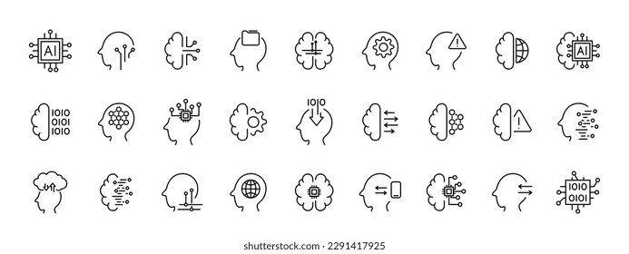 Artificial intelligence icon set in line style, machine learning, digital AI technology illustration