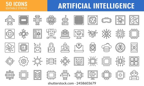 artificial intelligence icon set in line style, machine learning, smart robotic and cloud computing network digital AI technology: internet, solving, algorithm, vector illustration