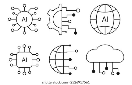 Artificial intelligence icon set in line style. AI technology illustration. Artificial intelligence AI processor chip icon.AI Processor circuit vector. Ai Logo, Icon.