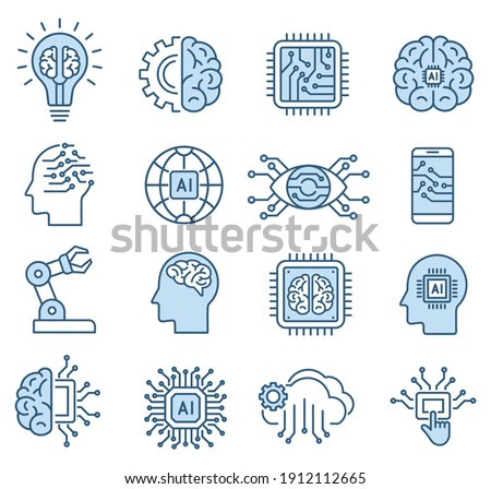 artificial intelligence icon set in line style, machine learning, smart robotic and cloud computing network digital AI technology: internet, solving, algorithm, vector illustration