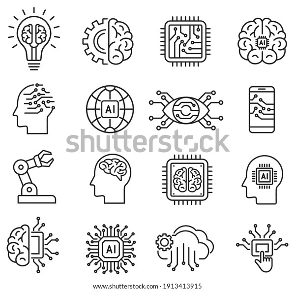 artificial intelligence icon set in line\
style, machine learning, smart robotic and cloud computing network\
digital AI technology: internet, solving, algorithm, vector\
illustration