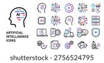 Artificial Intelligence icon set for machine learning and digital technology featuring neural networks and brain symbols with robotic automation and smart data analysis vector line art icons  future tech