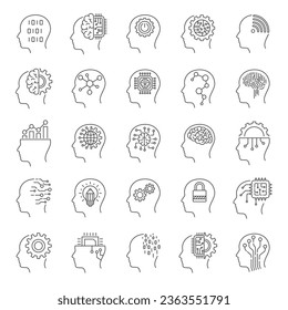 Artificial intelligence icon set, Machine learning and cyber mind  concept in form of human heads. Editable Stroke. EPS 10
