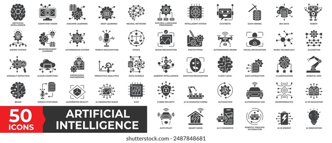 Artificial Intelligence icon set with Machine learning, digital skills, generative AI, AI technology, algorithm, robotic, cloud computing network, automation, virtual intelligence, and future