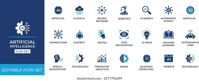 Artificial Intelligence Icon Set. Machine, Automation, Algorithm, Robotic, Generation, Processing, and Science outline icons collection	